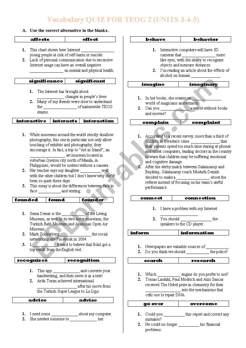 Vocabulary Quiz for TEOG  (Units 4 and 5) [part 1]